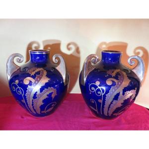 Two Art Deco Vases In Fine Earthenware From Tours, Ball Shape With Three Handles Signed Maurice Pinon