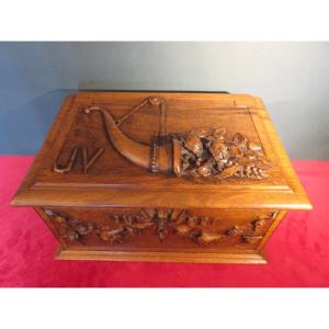 Jewelry Box In Solid Walnut Carved From The Mass On Three Sides