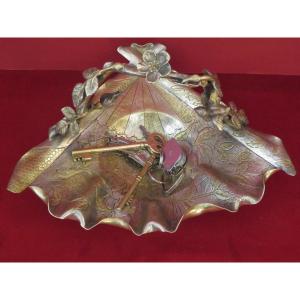 Empty Pockets In The Shape Of A Fan, In Bronze With Double Golden And Silver Art Nouveau Patina