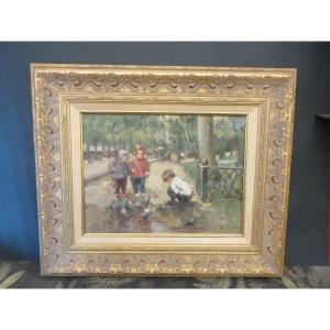 Painting Signed Francis Cristaux (1956). Children Playing At The Park