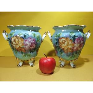 Pair Of Polychrome Porcelain Pot Covers With Double Decoration Of 20th Century Flowers