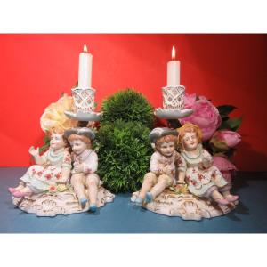 Pair Of Early 20th Century German Meissen Polychrome Porcelain Candlesticks With Double Characters
