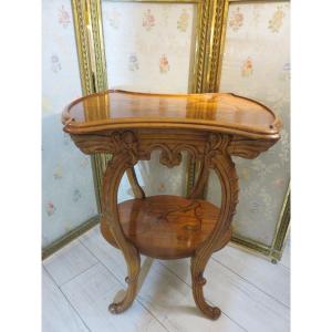 Table, Pedestal Table, With Double Trays, Art Nouveau Period In Marquetry 