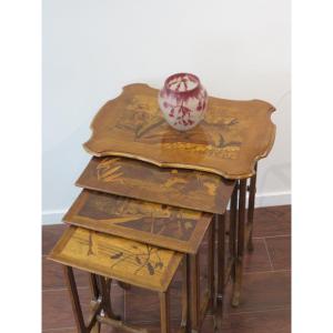 Series Of Four Nesting Tables In Art Nouveau Style, Inlaid: The Four Seasons 