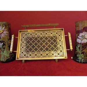 Brass And Wood Tray, Jugendstill Style By Erhard & Söhne 