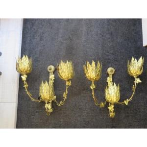 Pair Of Wall Lights With Three Arms Of Light, In Gold Metal, 1970s
