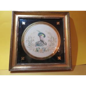 Portrait d'Henri V (1820-1883 )  encadrement , peinture  et broderie sur soie  , maison  HOETH