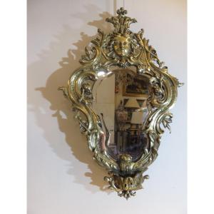 Small Gilt Bronze Mirror In Rocaille Style, Mercury Glass, Beveled, 19th Century