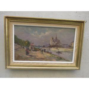 Tableau huile sur toile : Les bords de Seine et la cathédrale Notre Dame ,signé , XIX ème 