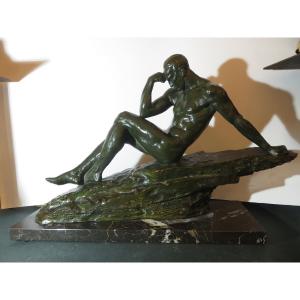 Sculpture en bronze " Le penseur "  signé Le Faguays (1892-1962) cachet du fondeur LN.Paris JL