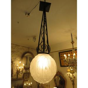Chandelier, Suspension, Wrought Iron, Pressed Glass Ball, Art Deco Period 