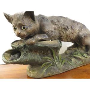 Sculpture d'un chat et d'une souris , en terre cuite vernissée signée F.Foucher vers 1900