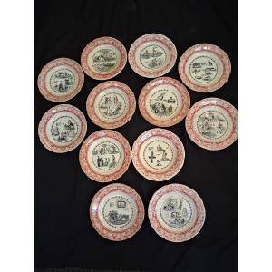 Gien Series Of Twelve "rebus" Plates In Fine Earthenware Known As Opaque Porcelain (1886-1938)
