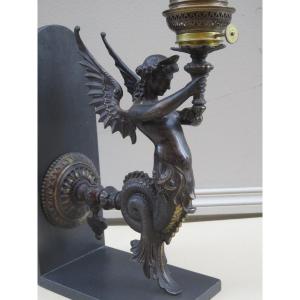 Ancienne applique d'éclairage au gaz en bronze ,représentant une   sirène ailée ,  électrifiée 