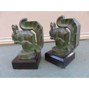 Paire de serre livres signée de Max Le Verrier ( 1891- 1973 ) les écureuils , de style Art Déco