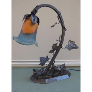 Art Nouveau Wrought Iron Lamp With A Glass Paste Tulip Shade, 20th Century 
