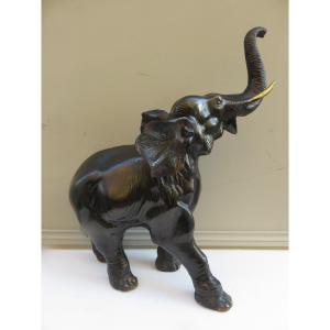 Bronze Animal Sculpture: Asian Elephant, Trunk Raised, 20th Century