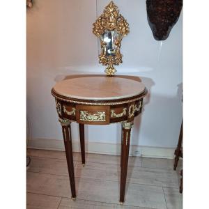 Pedestal Table In Mahogany ,white Marble Top ,and Chased Bronze Mounts Louis XVI Style ,end XIX