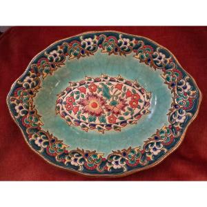 Oval, Deep Bowl In Longwy Enamels, "watteau" Decoration By Mp Chevallier 