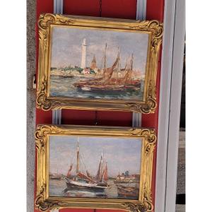 Pair Of Marine Paintings, Harbour Landscape, Signed Jules Ribeaucourt ( 1866- 1932 )