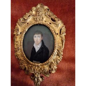 Miniature On Ivory, Portrait Of A Young Man, Gilt Bronze Frame, Early 19th Century