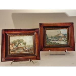 Paire de miniatures peintes sur ivoire , encadrement laiton et bois , époque XXème 