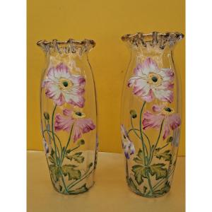 Pair Of Art Nouveau Enamelled Vases With Poly-lobed And Gilded Necks Produced By Théodore .legras