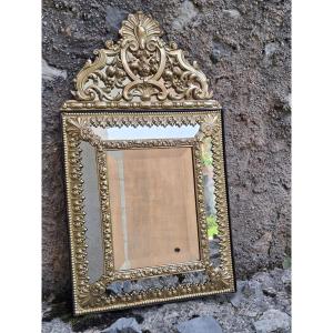 Louis XIV Style Embossed Brass Mirror With Parecloses, 19th Century