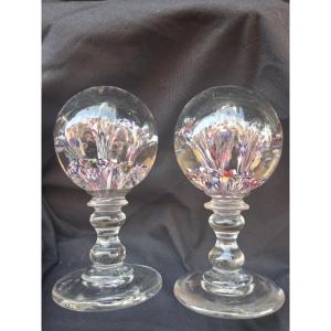 Pair Of Glass Sulfide Paperweights On Stands, 19th Century