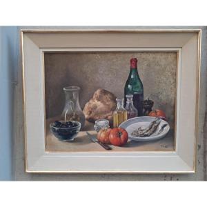 Nature morte signée d'Honoré Camos ( 1906- 1991 )olives tomates et vin ... au dos une étude