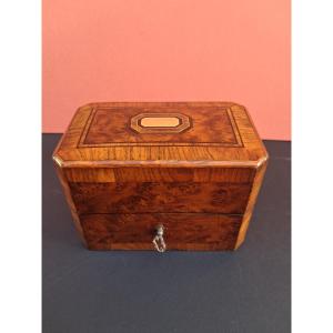 Jewelry Box Or Inlaid Box Made Of Burl Cedar, Rosewood, Palisander, And Brass