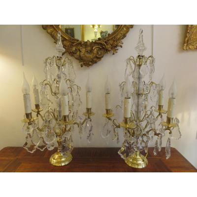 Important Pair Of Girandoles Gilt Bronze And Crystal, 5 Lights, Late Nineteenth