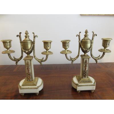 Pair Of Candlesticks, Candlesticks Louis XVI Style, Marble And Bronze, Nineteenth