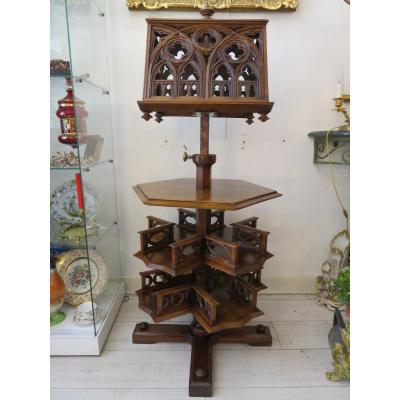 Revolving Bookcase And Openwork Double-sided Lectern In Late 19th Century Walnut Stamped Monin