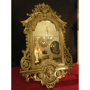 Miroir Psyché  ( Ht :60 Cm ) En Bronze Doré , Miroir Au Mercure Biseauté époque Napoléon III