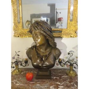 Bust Of A Young Woman In Bronze (ht 55 Cm) Signed By E. Aizelin, Barbedienne Founder