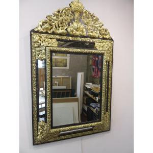 Large Mirror (ht 1.34 M) With Parecloses In Repoussé Brass And Ebony, Napoleon III Period