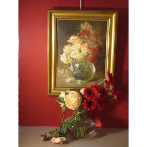 Bouquet Of Dahlias: Oil On Wood Panel Signed Wolf (1859-1932)