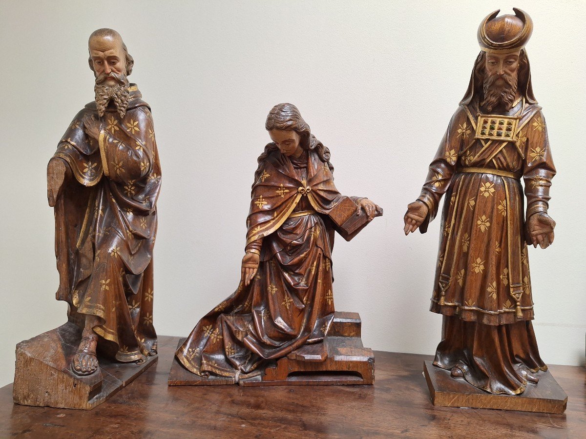 Set Of 3 Carved And Gilded Wood Representing The Virgin, A Priest And St Joachim-photo-7