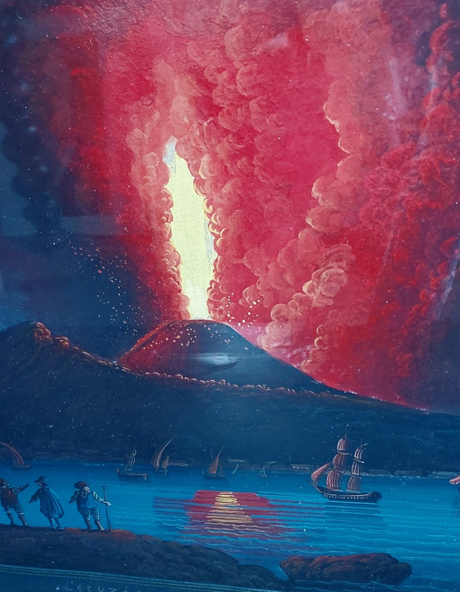 Neapolitan  School 19th: Large Gouache "the Eruption Of Vesuvius"-photo-2