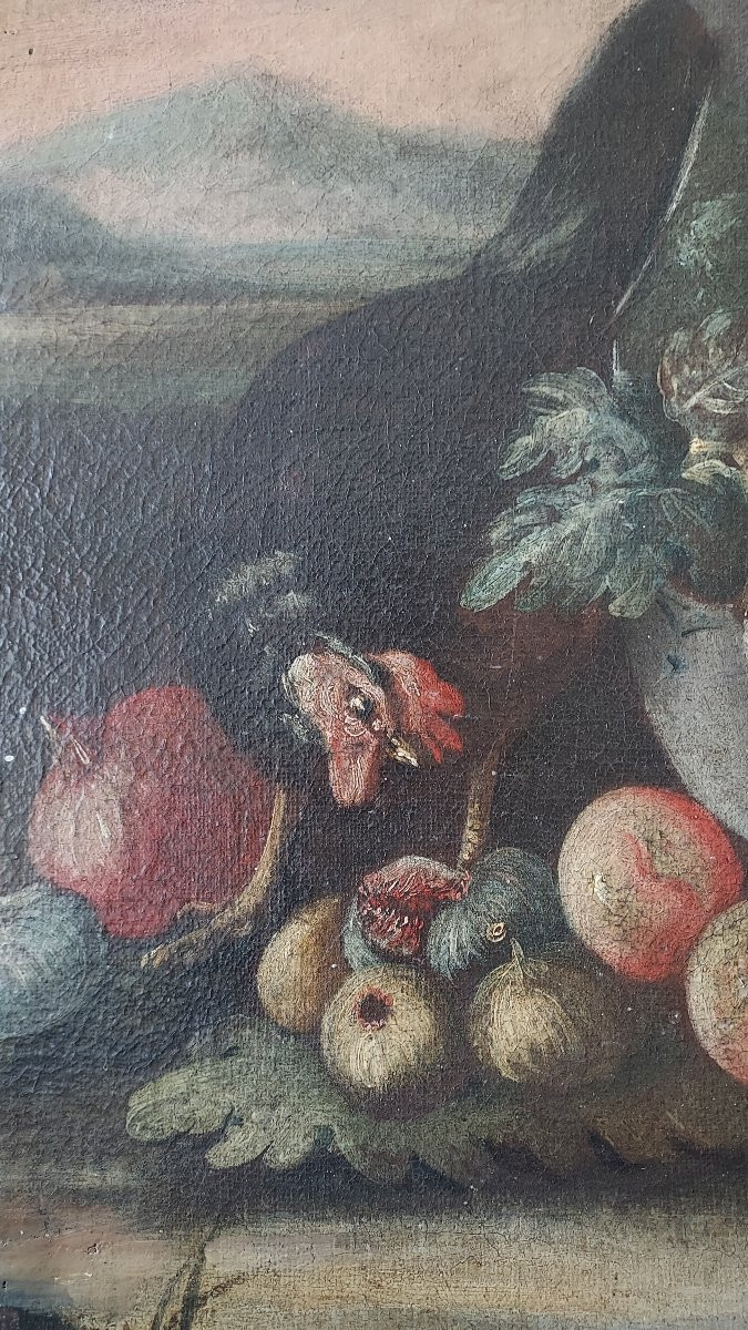 Large Oil On Canvas, Italy, 17th Century "still Life With Parrot"-photo-2