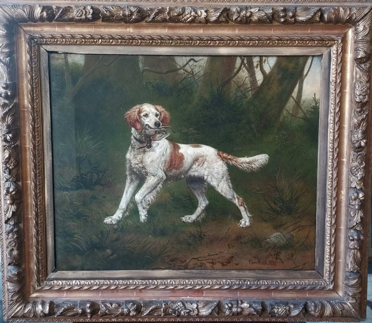 Gaspard Van Reth: "spaniel Bringing Back A Woodcock", Hst, 1898-photo-4