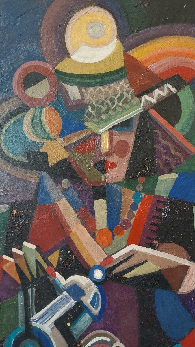 Jozef Popczyk, "cubist Portrait", Hst, Signed, Titled On The Back-photo-4