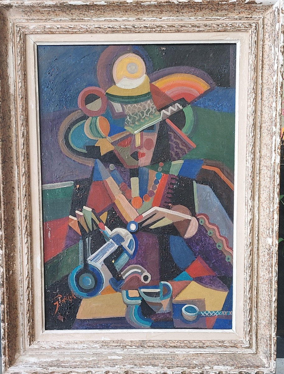 Jozef Popczyk, "cubist Portrait", Hst, Signed, Titled On The Back