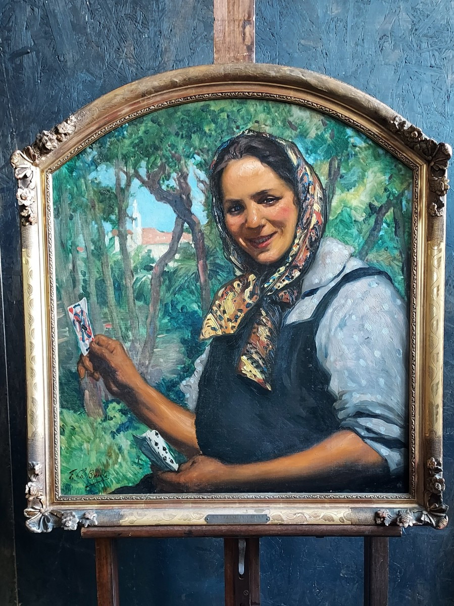 Juan Les Pins 1925 "the Card Reader" Hst Fcbaude, Signed 