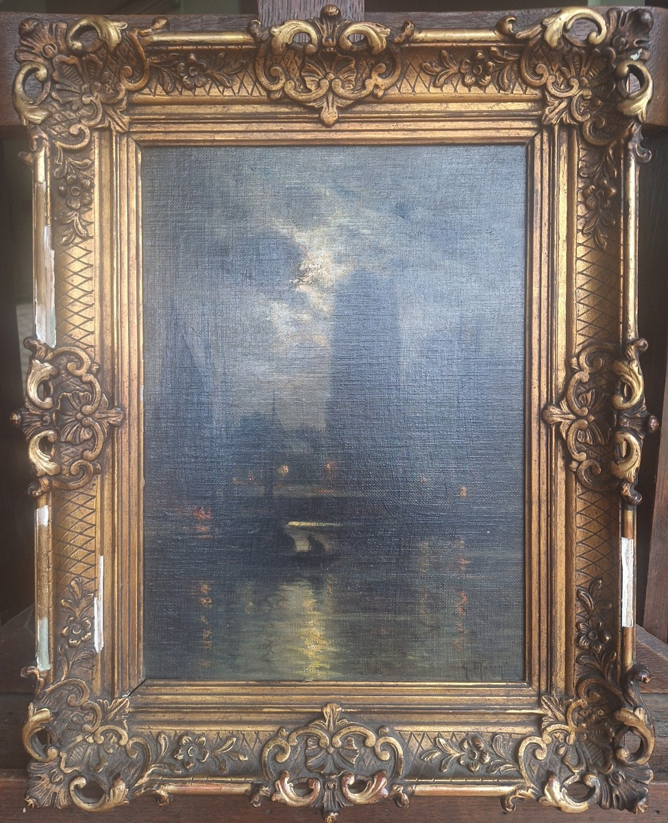 Painting By Georges Maroniez. Moonlight On The Port 