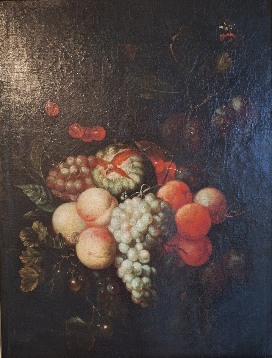 École hollandaise fin XVII, nature morte aux raisins, agrumes, cerise et papillons-photo-4