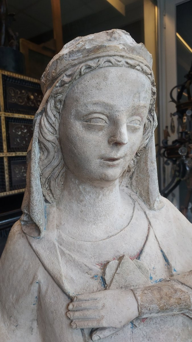 Large Sculpture "virgin And Child", Limestone, Circa 1350-photo-4