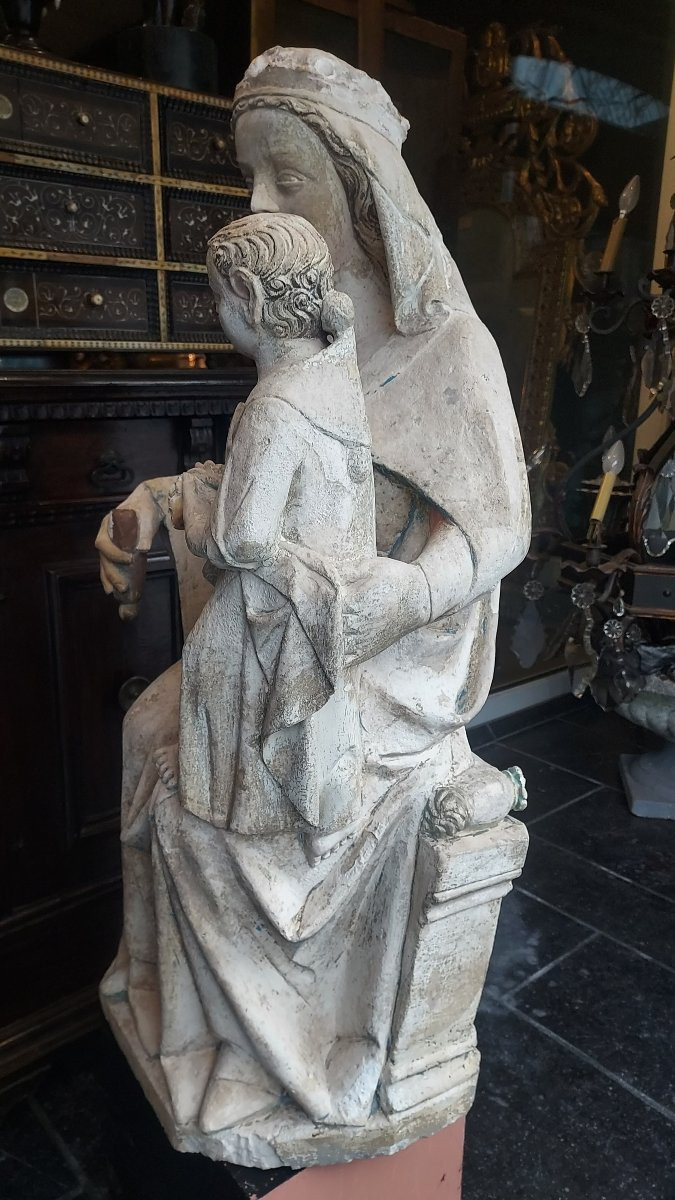Large Sculpture "virgin And Child", Limestone, Circa 1350-photo-4