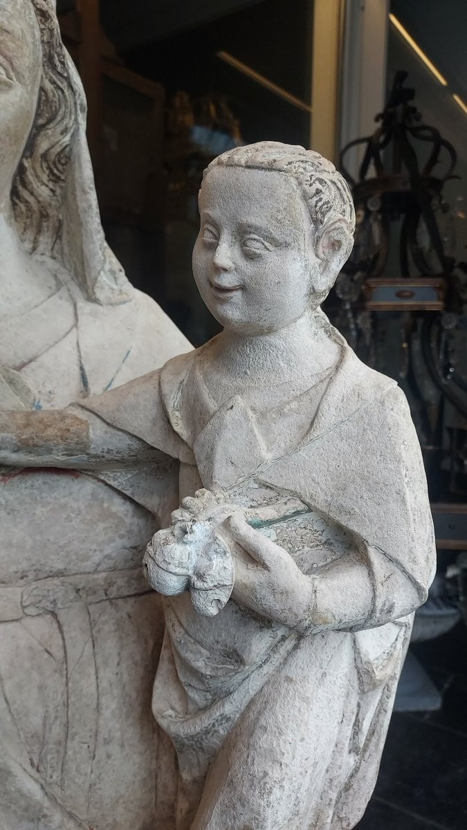 Large Sculpture "virgin And Child", Limestone, Circa 1350-photo-6